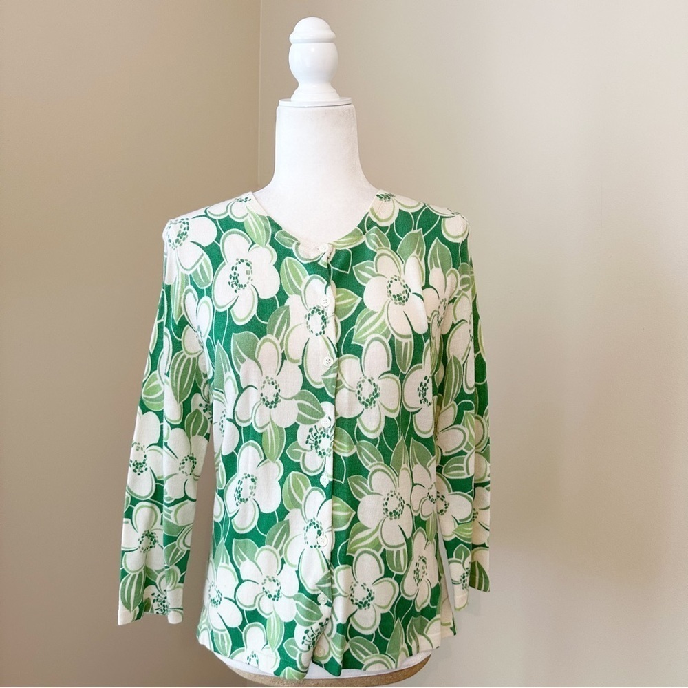 Garnet Hill 100% Wool Green Floral Lightweight Cardigan - Medium